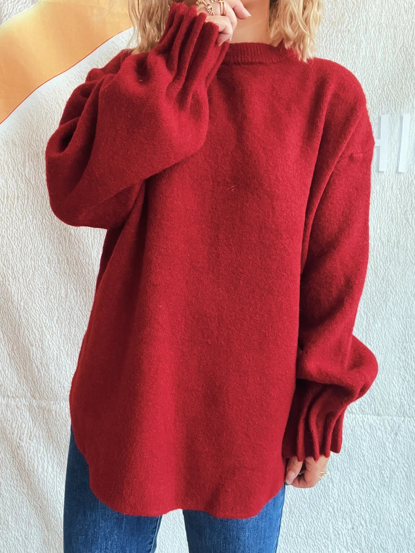 Round Neck Dropped Shoulder Sweater OutfitFlow