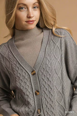 Umgee Chunky Cable Knit V-Neck Button-Up Cardigan OutfitFlow