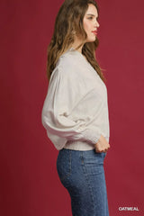 Umgee Linen Long Sleeves Elastic Hem Blouse OutfitFlow