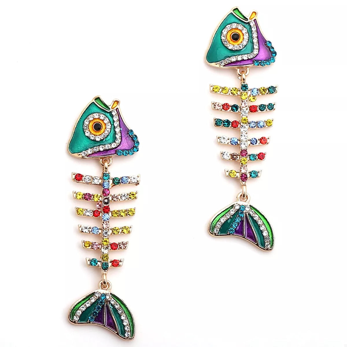 Rhinestone Colorful Fish Bone Statement Earrings OutfitFlow