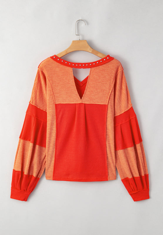 Outfit Flow - Studded Waffle-Knit V-Neck Long Sleeve Top