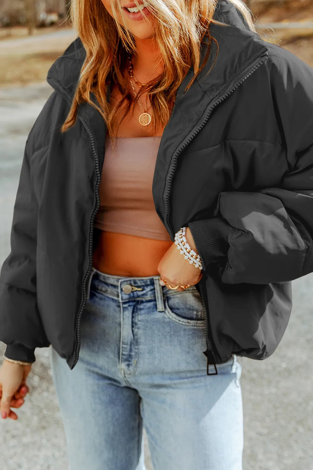 Zip Up Collared Neck Coat with Pockets Trendsi