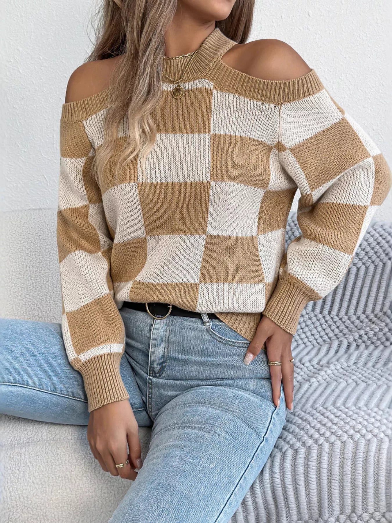 Cold Shoulder Checkered Long Sleeve Sweater Khaki OutfitFlow