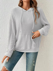 Ribbed Knit Long Sleeve Drawstring Hoodie Gray OutfitFlow