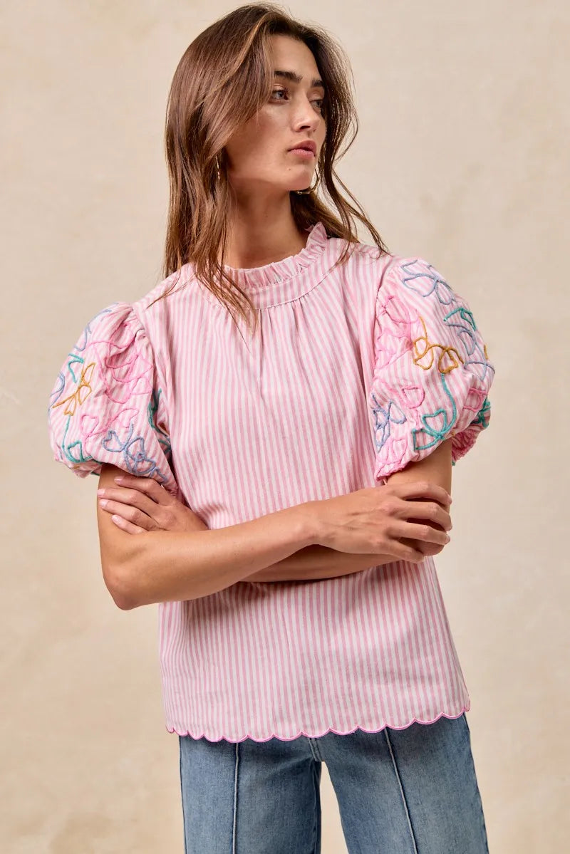 BiBi Embroidery Bubble Sleeve Top With Bottom Scallop Detail OutfitFlow
