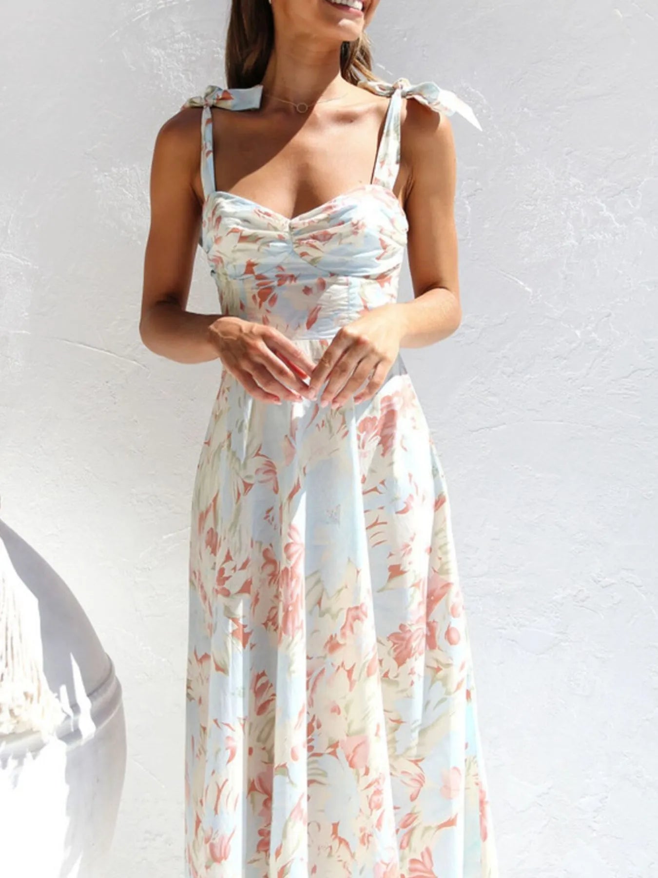 Tie-Shoulder Sweetheart Neck Summer Dress OutfitFlow