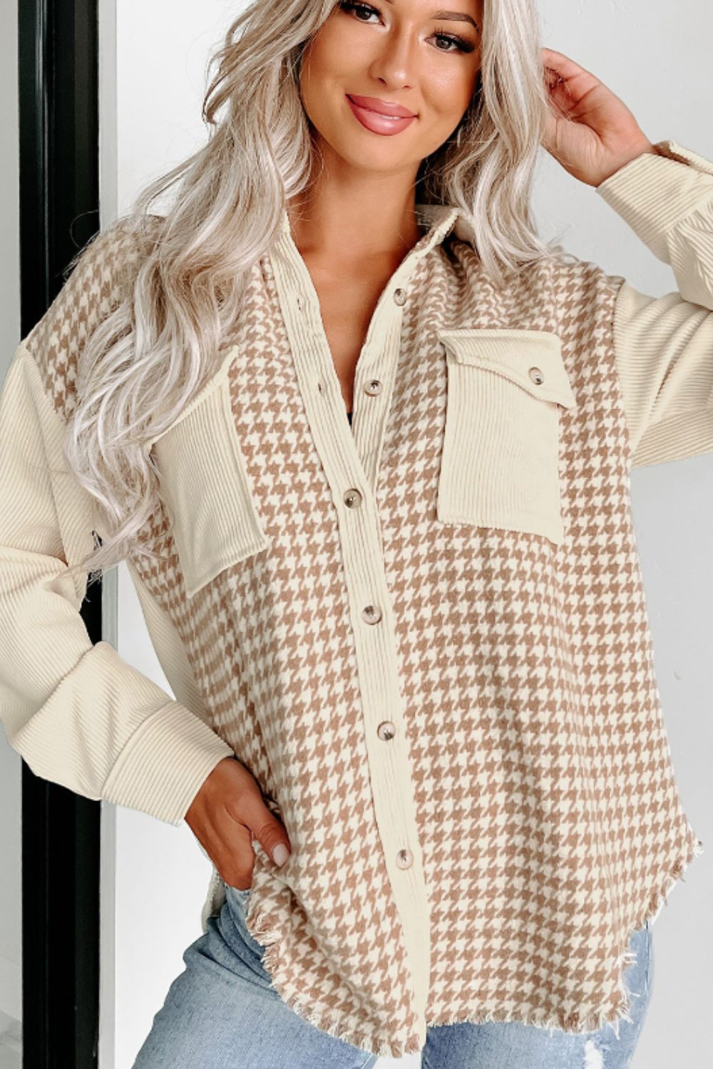 Outfit Flow - Houndstooth Button Up Long Sleeve Jacket