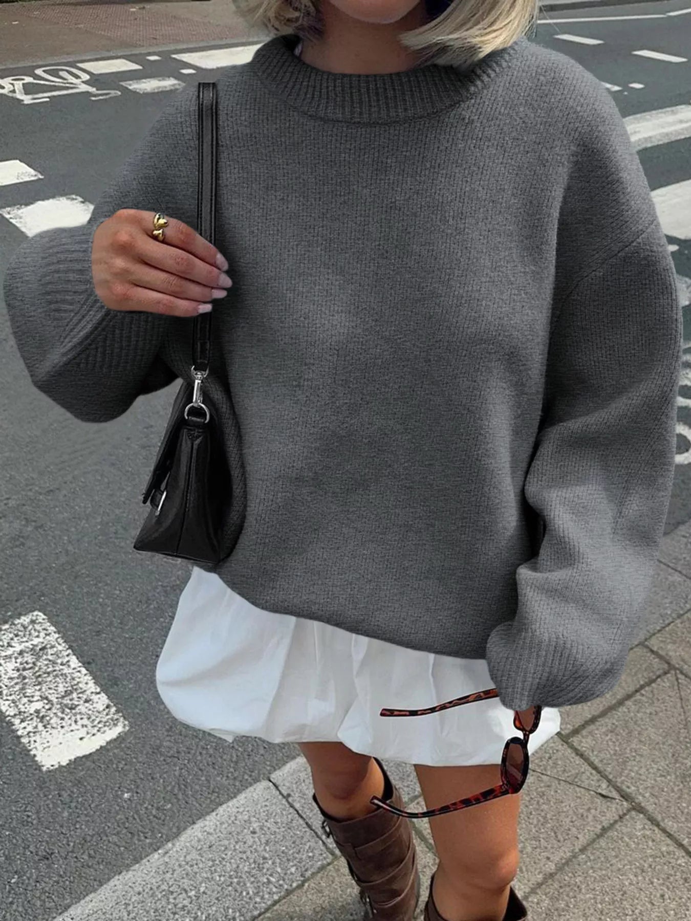 Ribbed Round Neck Dropped Shoulder Sweater OutfitFlow