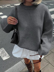 Ribbed Round Neck Dropped Shoulder Sweater OutfitFlow