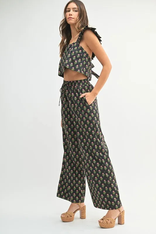 MABLE Floral Print Ruffle Top and Pants Set OutfitFlow