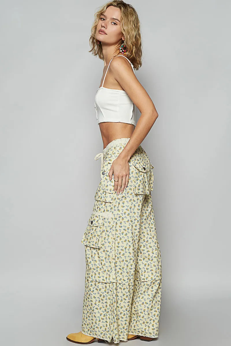 POL Floral Cargo Wide Leg Pants with Lace Drawstring OutfitFlow