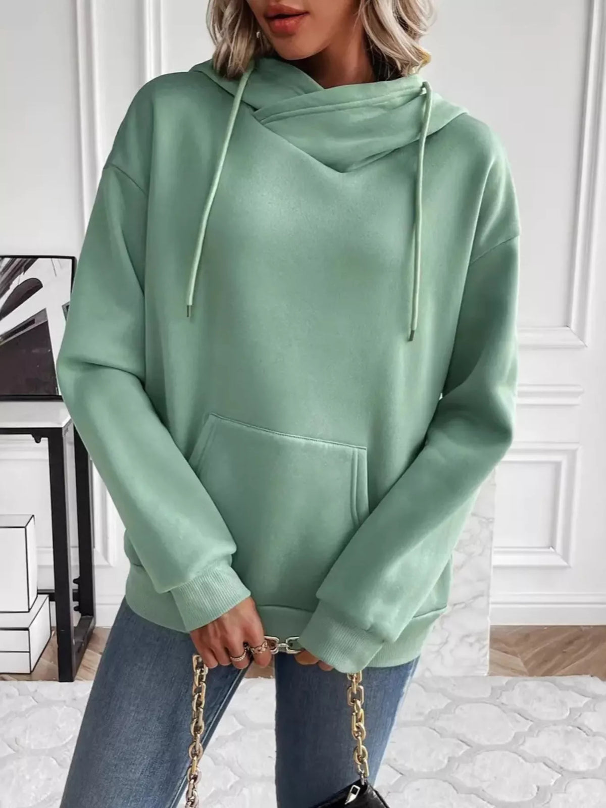 Kangaroo Pocket Long Sleeve Drawstring Hoodie Sage OutfitFlow