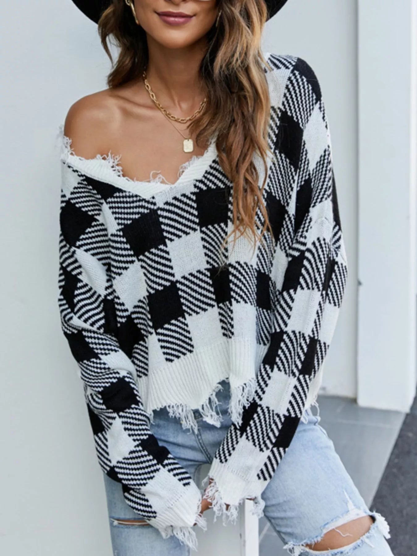 Frayed Hem Long Sleeve Sweater Black Plaid OutfitFlow