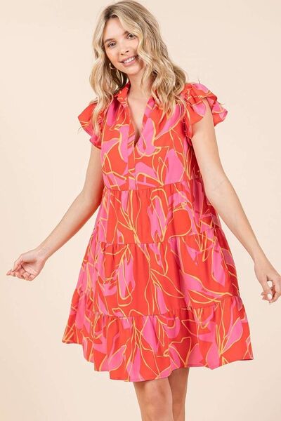 Mittoshop Leaf Print Ruffle Sleeve Tiered Mini Dress OutfitFlow