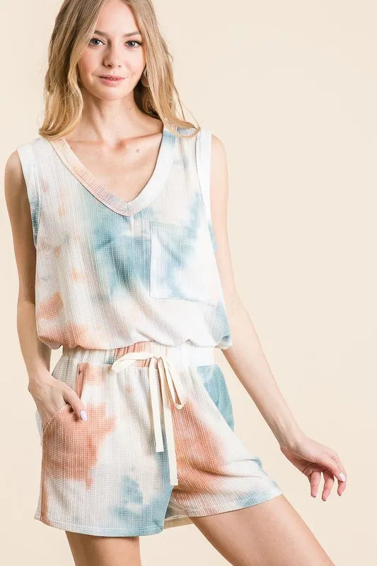 BiBi Tie Dye Textured Knit Top and Shorts Set OutfitFlow