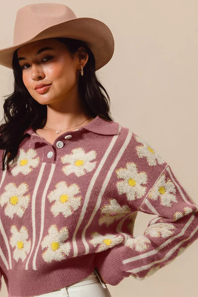 SO ME Floral Stripe Polo Collar Sweater Trendsi