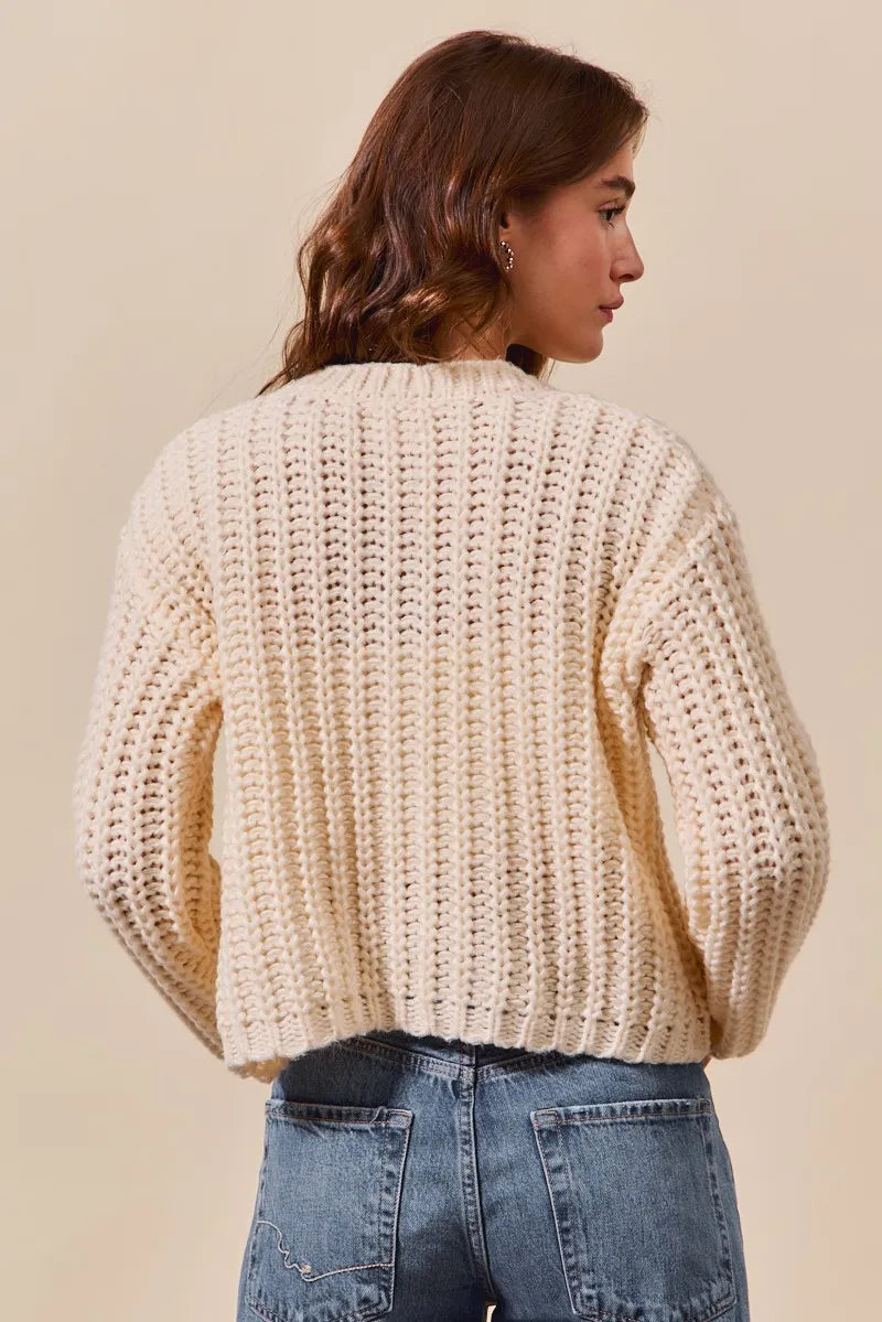 SO ME Metal Button Long Sleeve Chunky Sweater Cardigan OutfitFlow