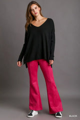 Umgee V-Neck High Low Hem Knit Top with Side Slit OutfitFlow