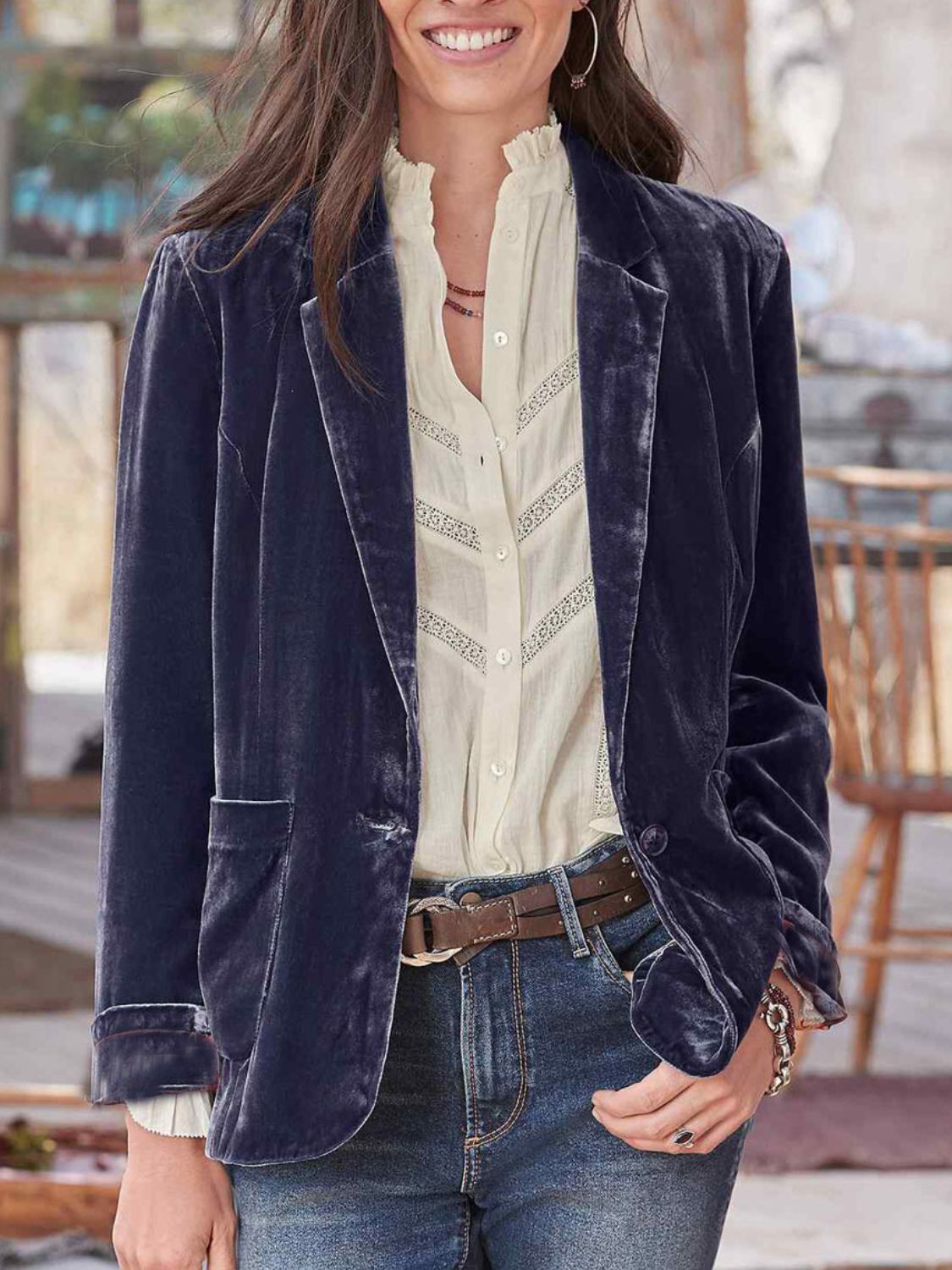 Pocketed Button Up Lapel Collar Blazer Violet OutfitFlow