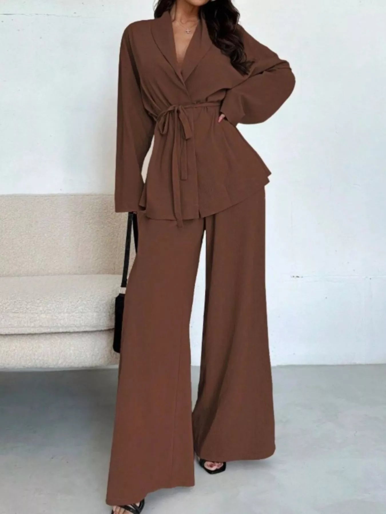 Front Tied Shirt and Wide-Leg Pants Set OutfitFlow