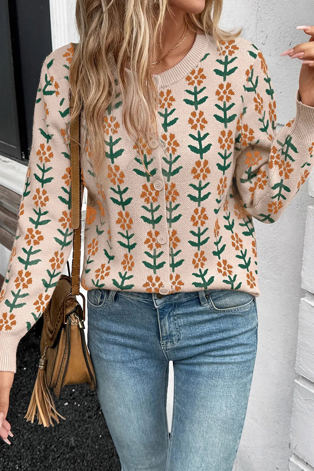 Floral Button-Up Knit Cardigan OutfitFlow