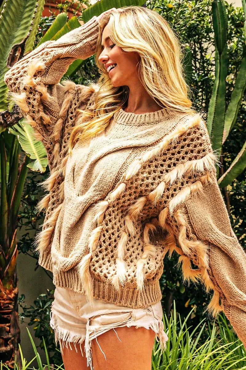 BiBi Faux Fur Detailed Pointelle Cable Knit Sweater OutfitFlow