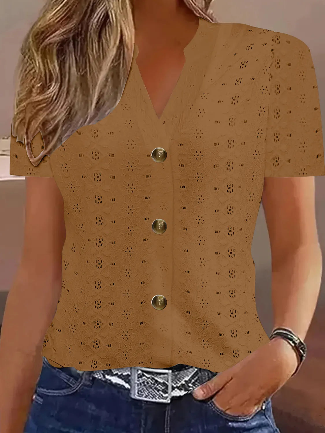 Openwork Notched Short Sleeve Top Caramel OutfitFlow