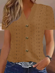 Openwork Notched Short Sleeve Top Caramel OutfitFlow