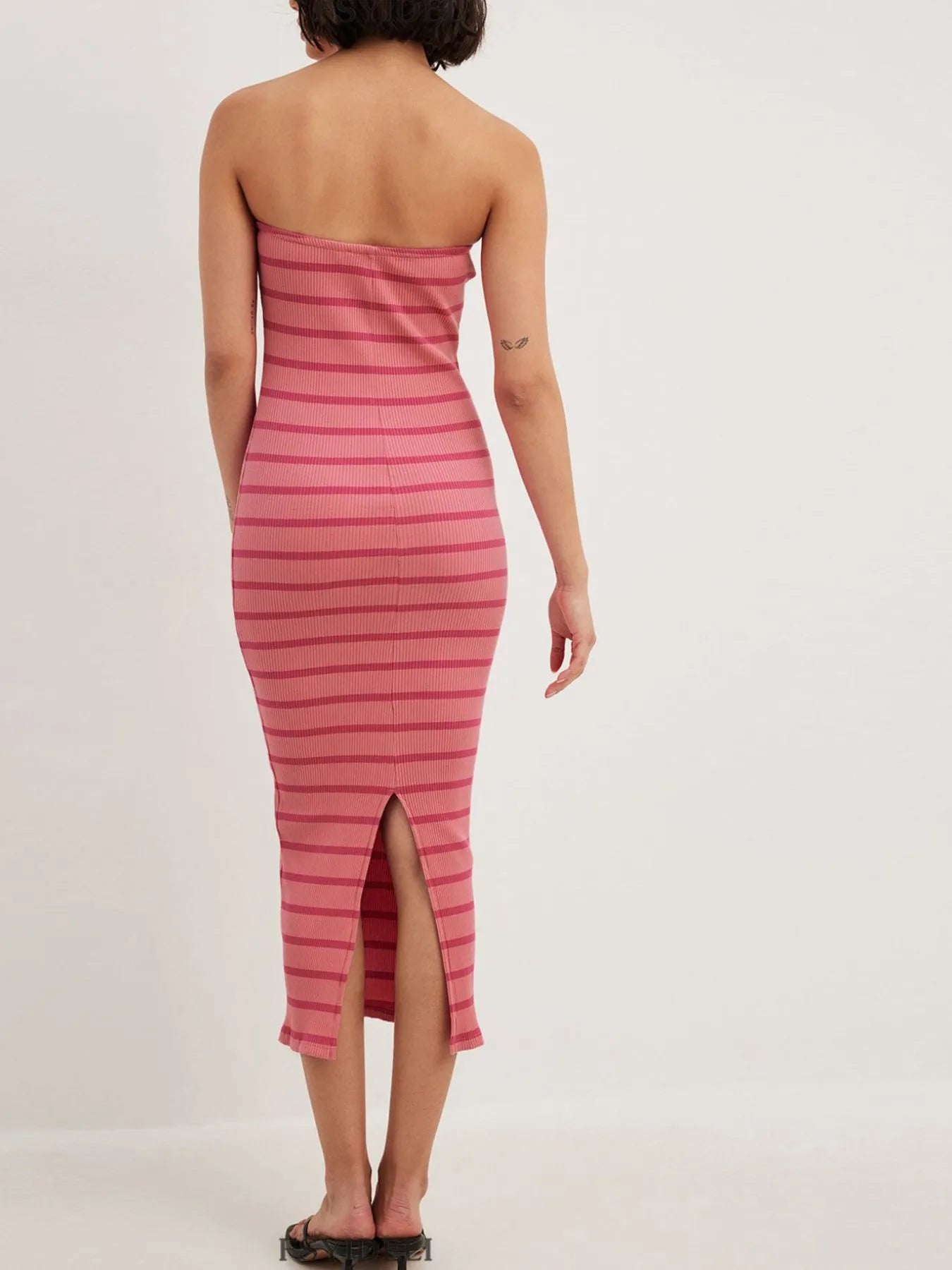 Slit Back Striped Strapless Bodycon Midi Dress OutfitFlow