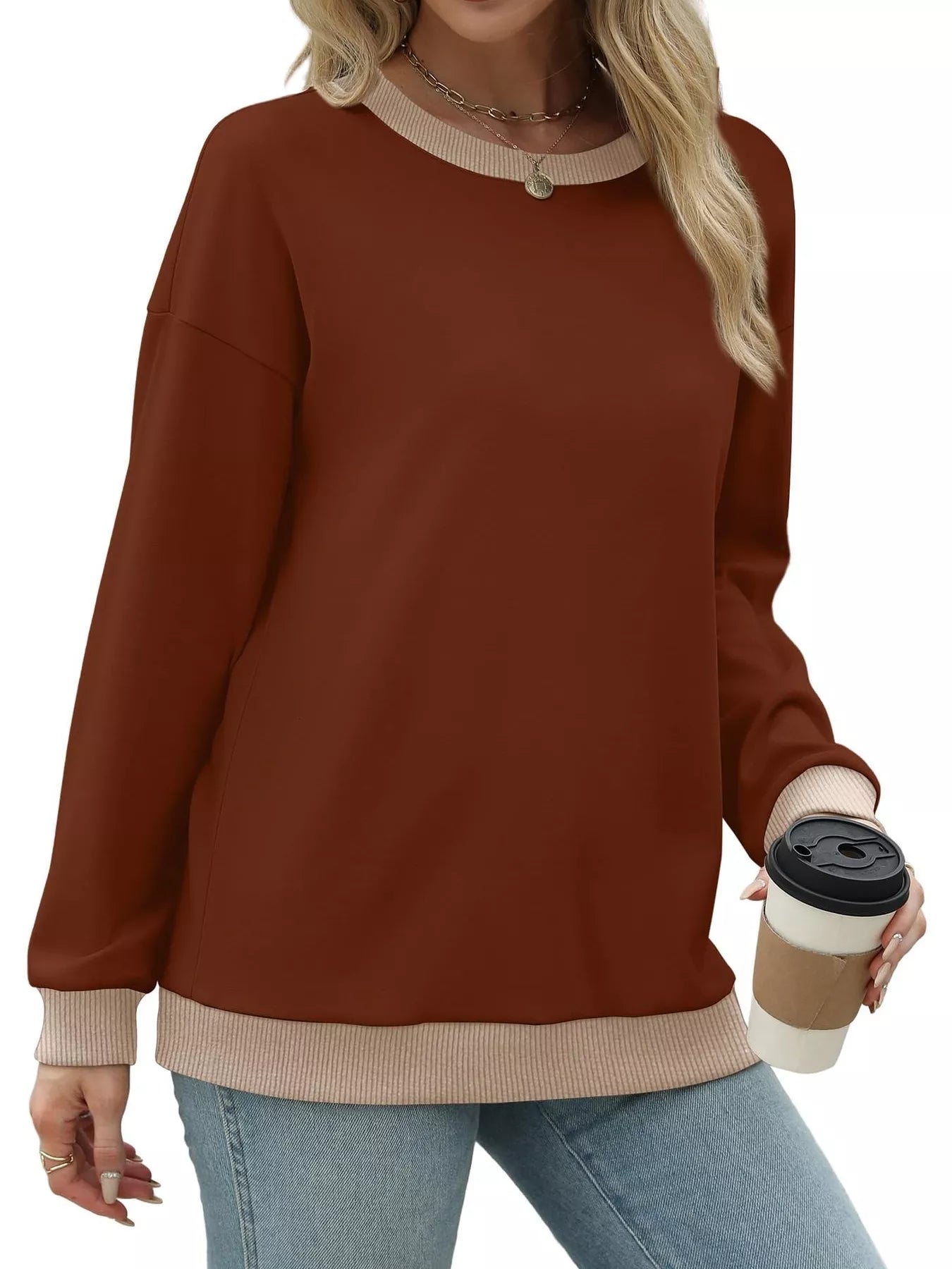 Contrast Trim Crew Neck Casual Sweatshirt OutfitFlow