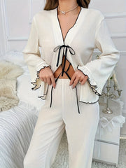 Contrast Trim Bow Tie Shirt and Pants Lounge Set OutfitFlow