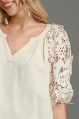 Umgee Full Size French Terry Boxy Cut Top with 3D Floral Sleeve Plus Size OutfitFlow