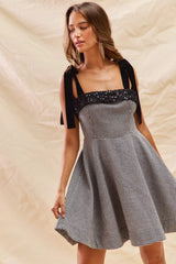 SO ME Houndstooth Fit Flare Mini Dress with Shoulder Tie OutfitFlow