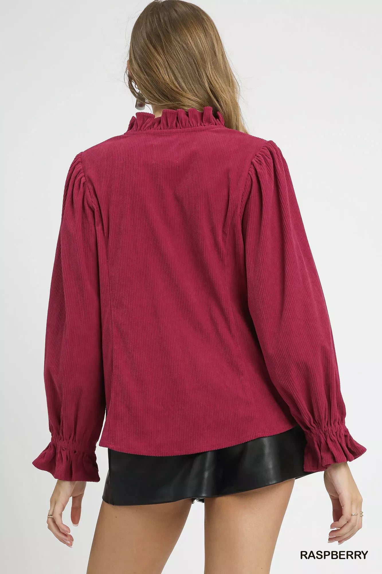 Umgee Corduroy Ruffle Shirt with Long Puff Sleeves OutfitFlow