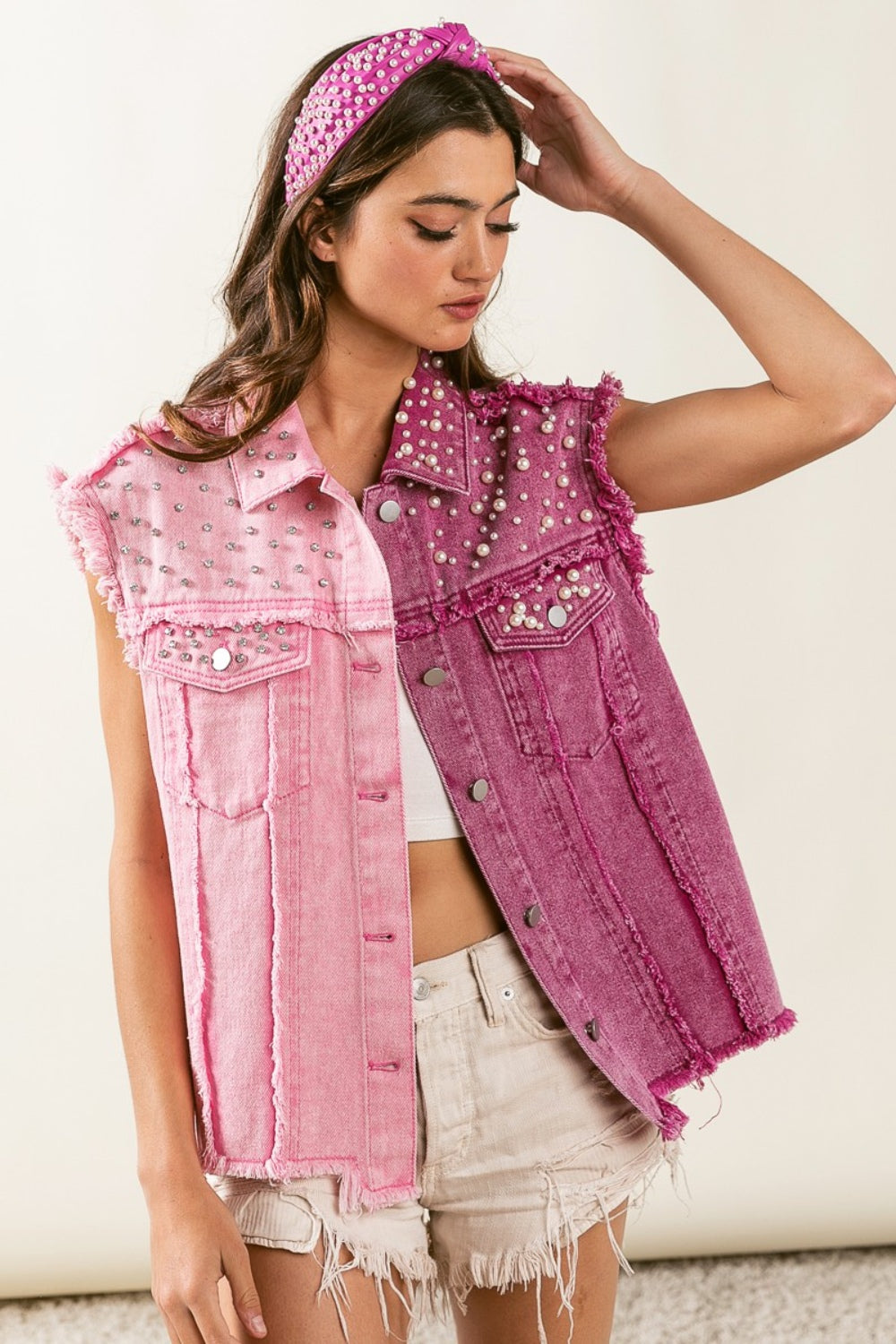 BiBi Pearl & Rhinestone Decor Contrast Raw Hem Vest Coat