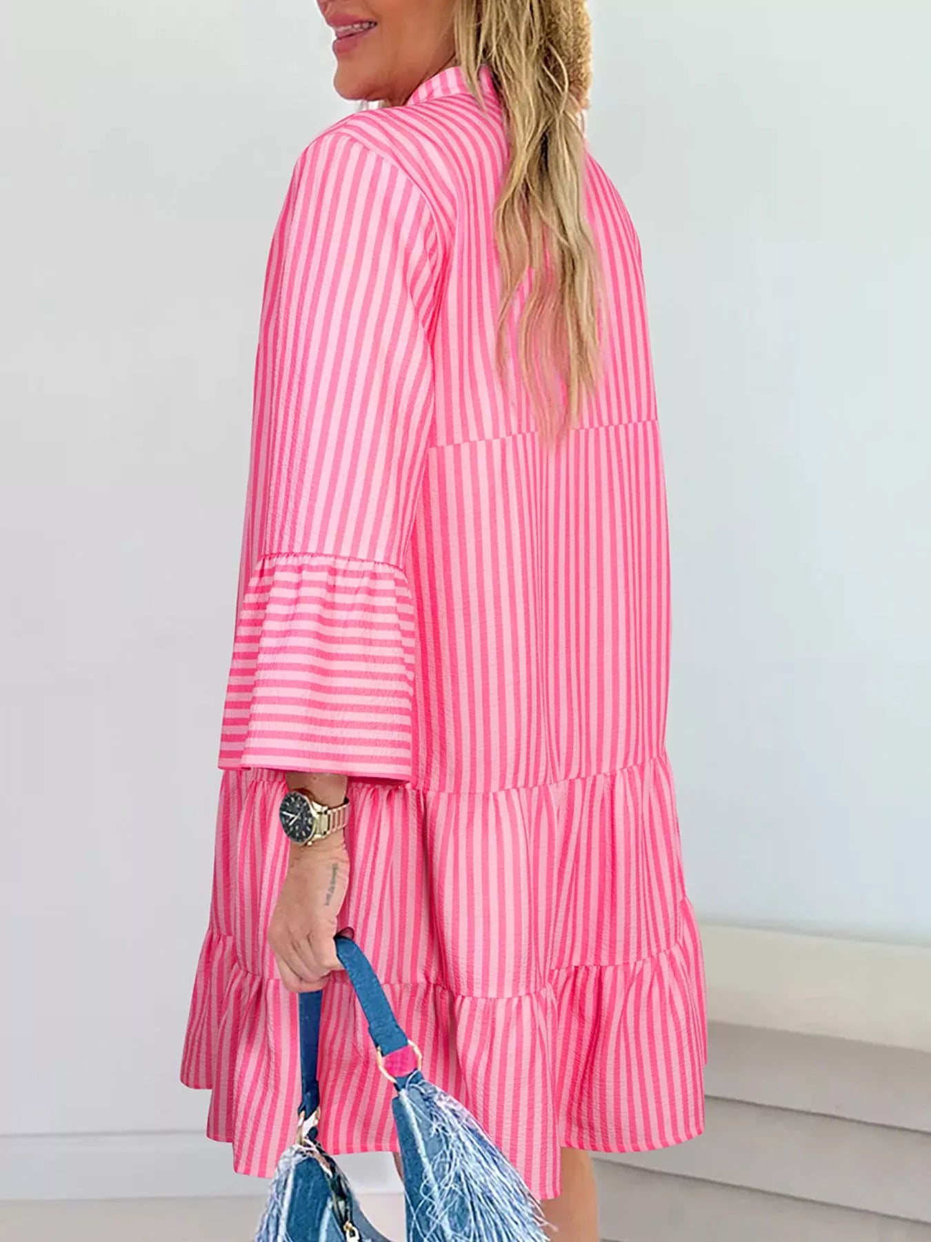 Stripe Flare Sleeve Half Placket Tiered Flowy Mini Dress OutfitFlow
