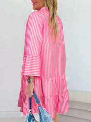 Stripe Flare Sleeve Half Placket Tiered Flowy Mini Dress OutfitFlow