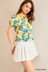 Umgee Floral Print Puff Sleeve Cropped Blouse OutfitFlow