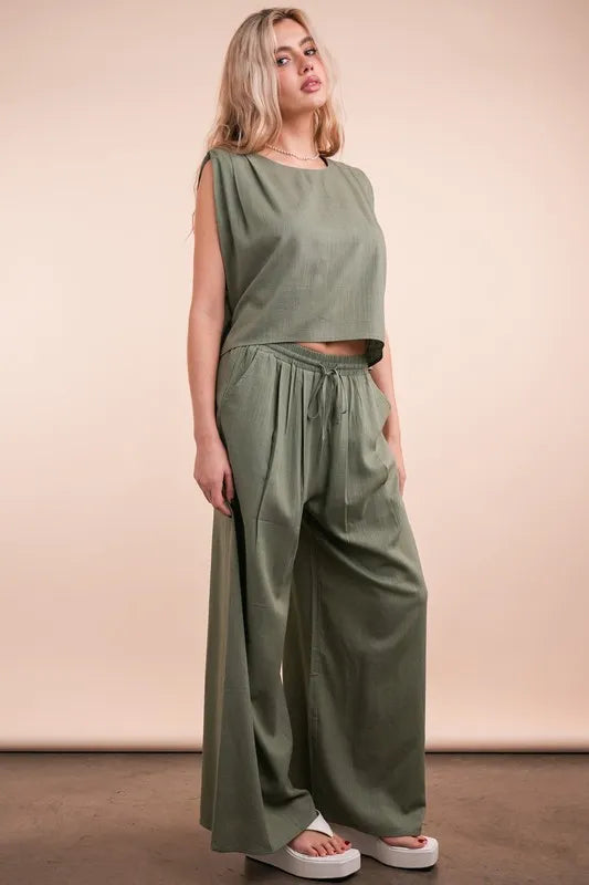 VERY J Solid Woven Top & Pants Set OutfitFlow