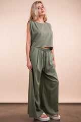 VERY J Solid Woven Top & Pants Set OutfitFlow