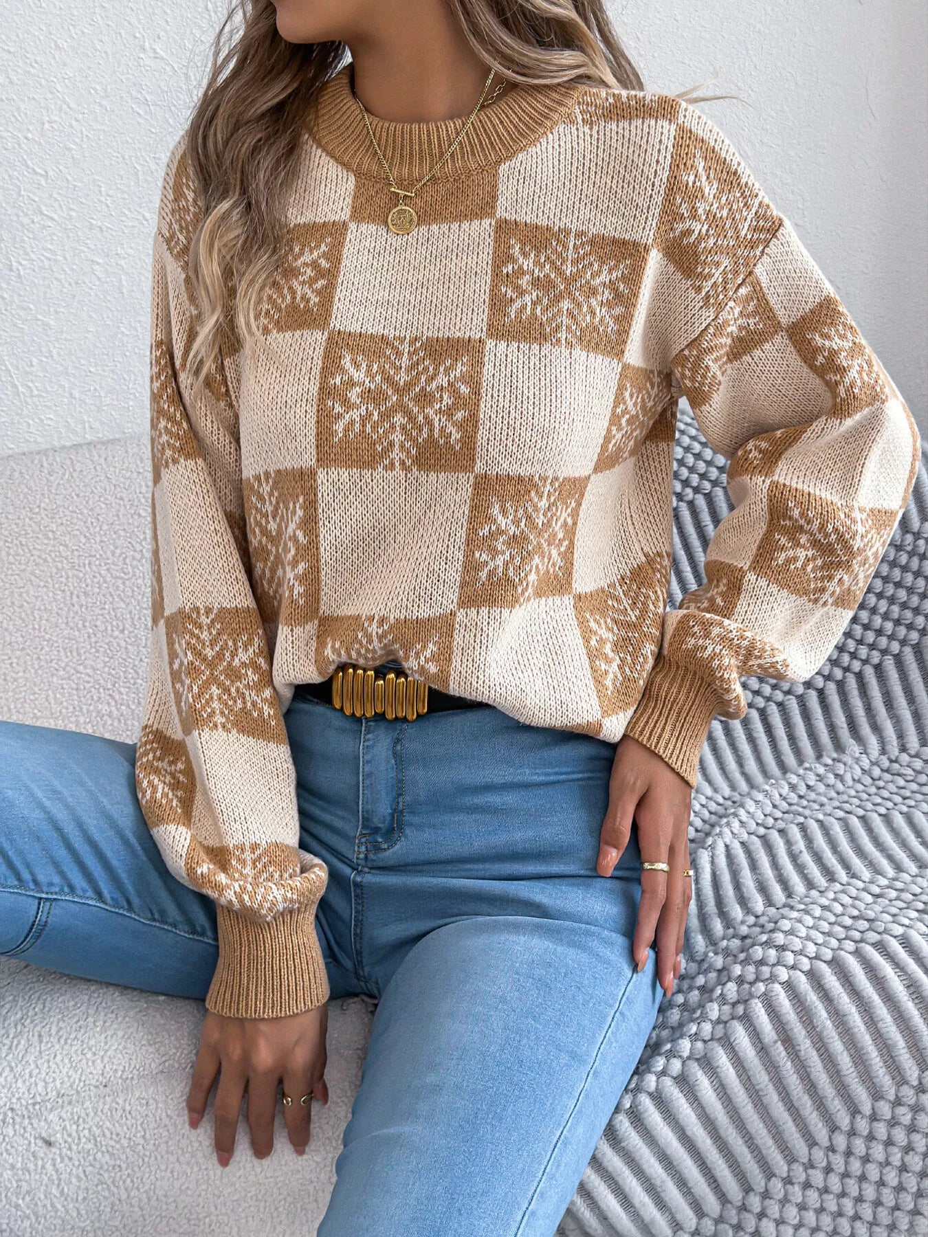 Christmas Snowflake Checkered Round Neck Sweater OutfitFlow
