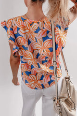 Flower Print Notched Neck Ruffle Sleeve Blouse OutfitFlow