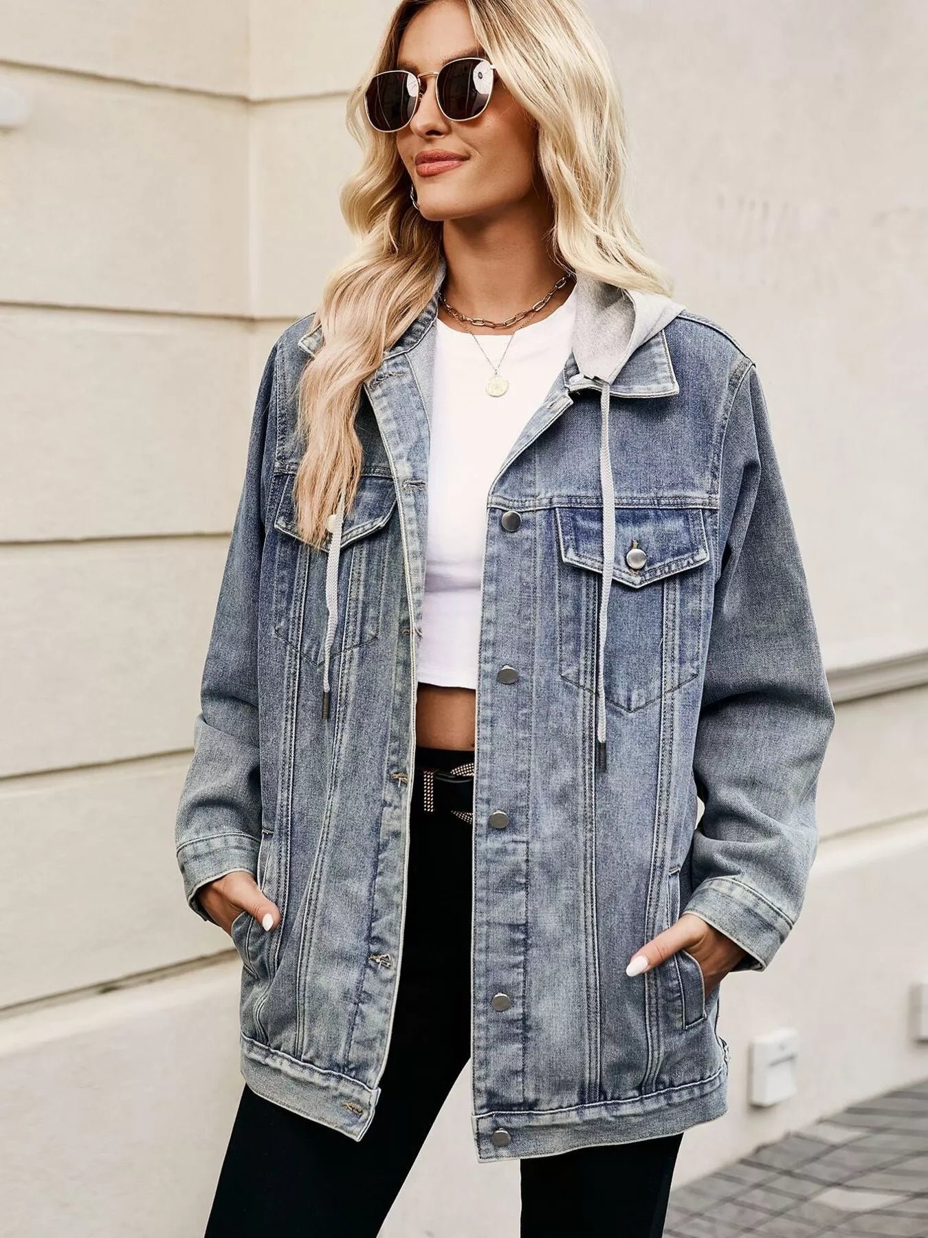 Button Up Long Sleeve Denim Jacket OutfitFlow