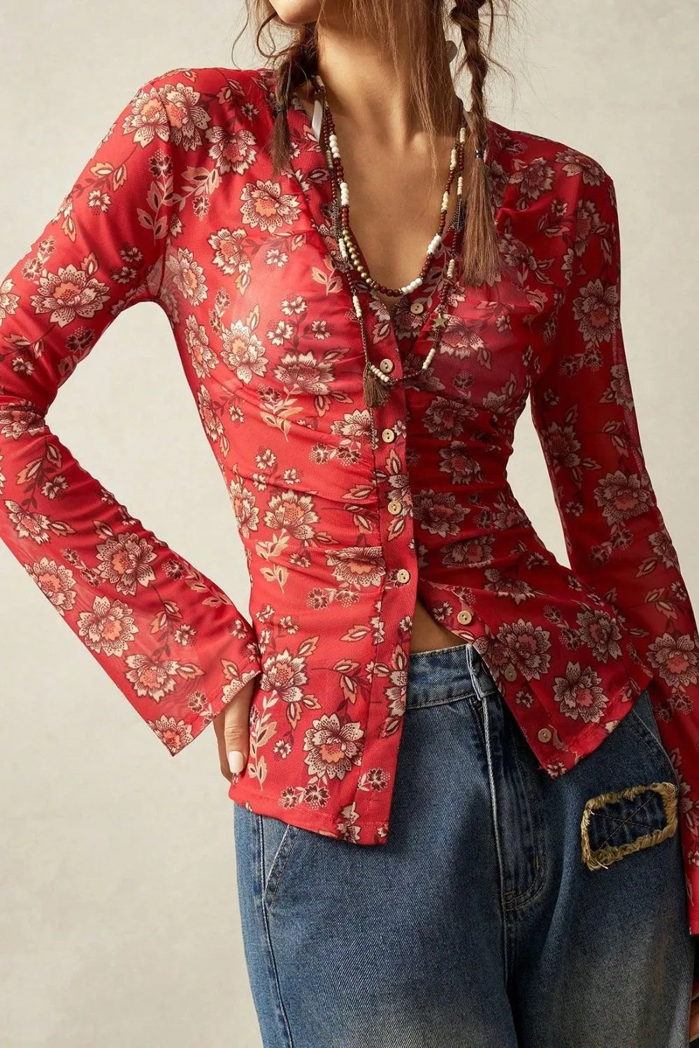 Floral Button-Front Shirt with Bell Sleeves Strawberry OutfitFlow