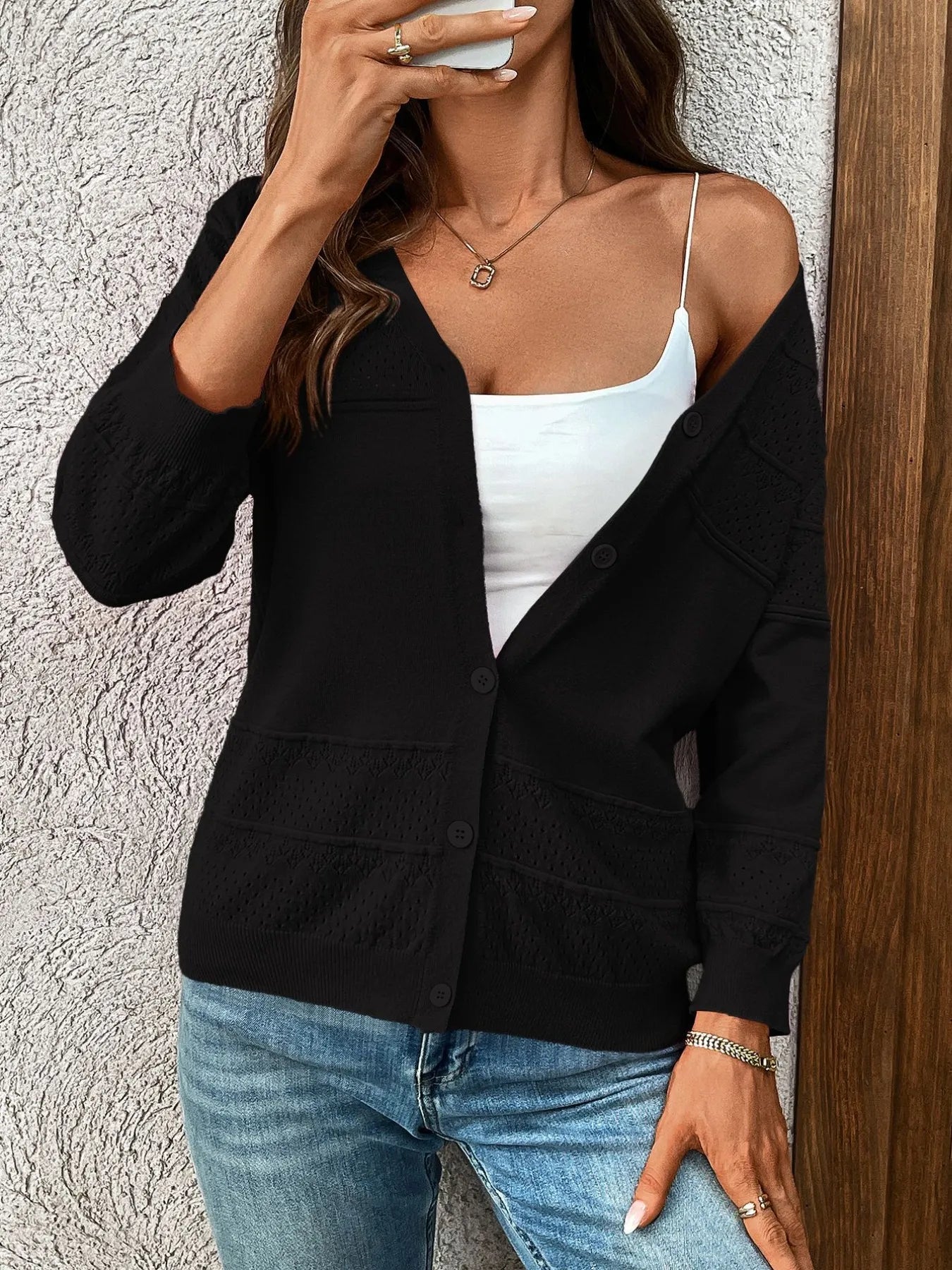 Textured Button-Front Cardigan with 3/4 Sleeves OutfitFlow