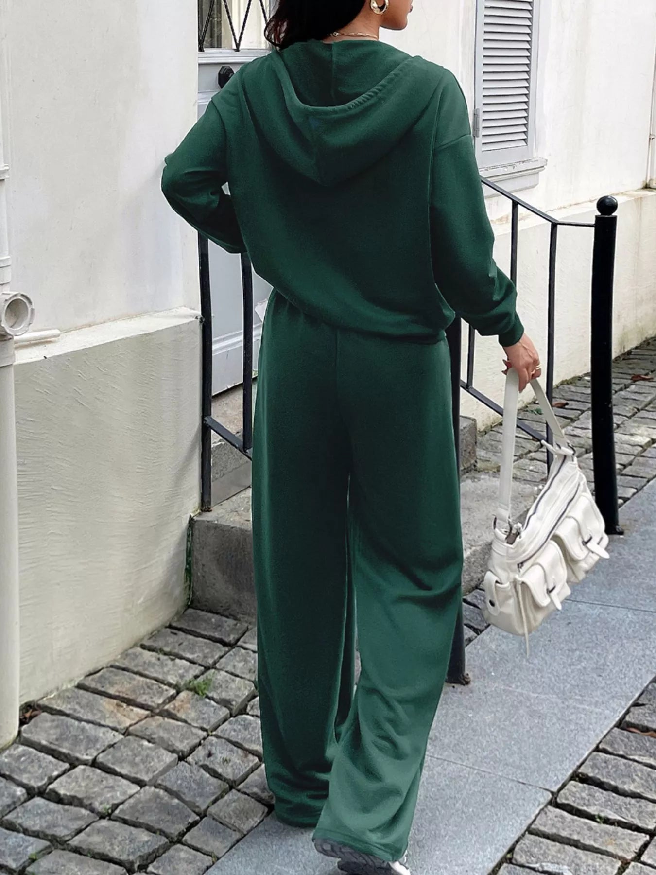 Casual Drawstring Zip Up Hoodie and Wide Leg Pants Set OutfitFlow