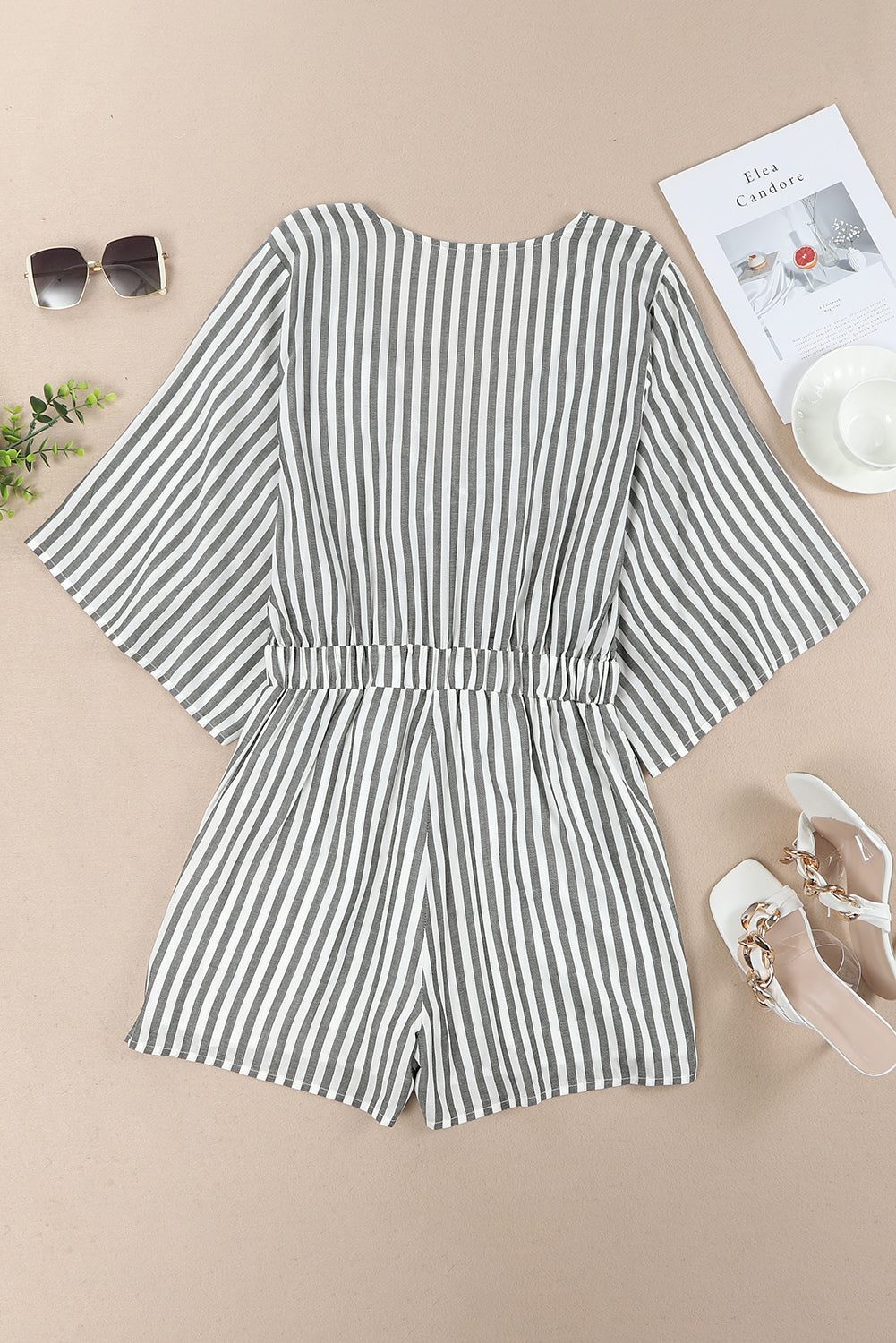 Outfit Flow - Tied Striped Three-Quarter Sleeve Romper