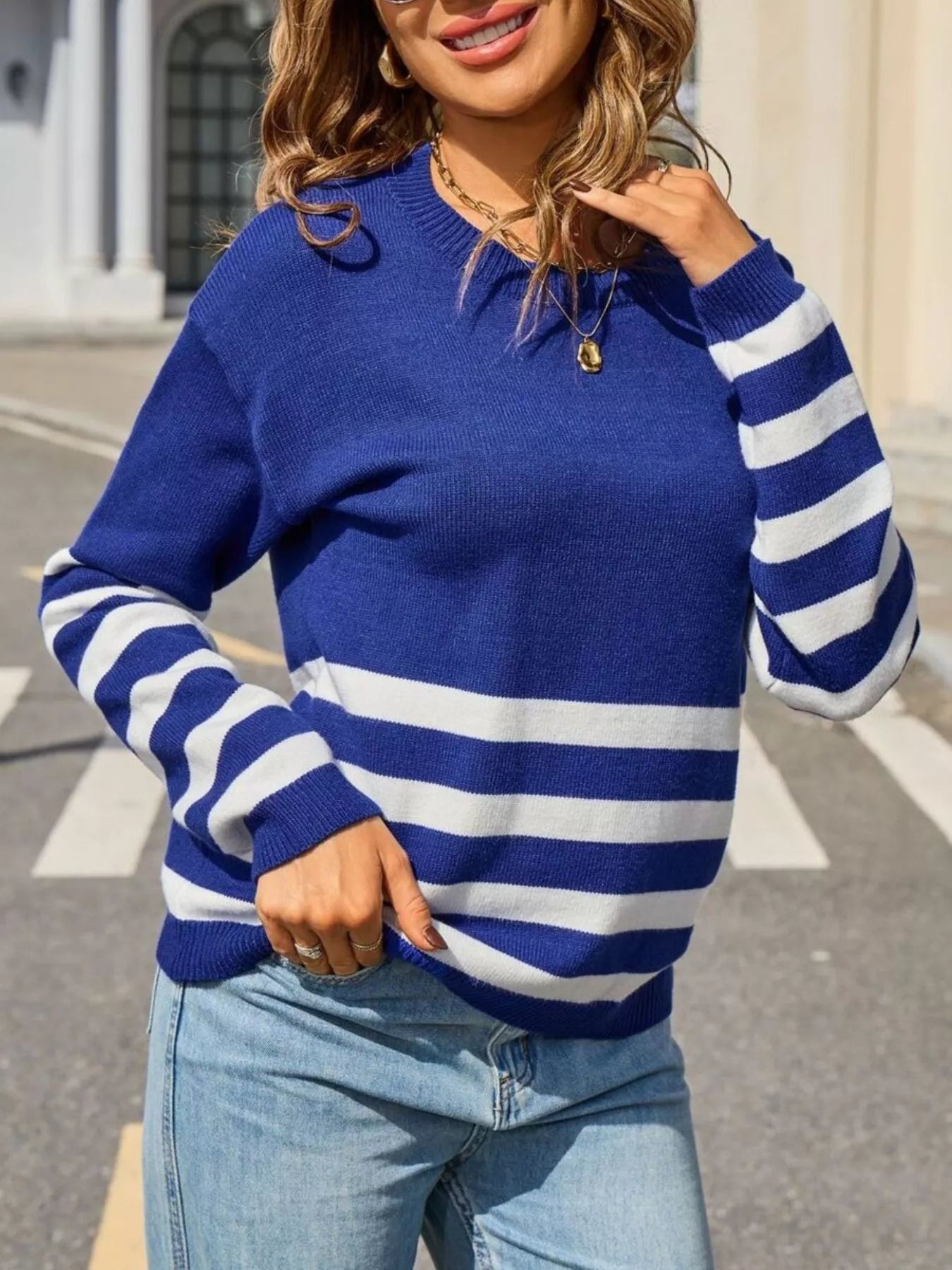 Striped Trim Crew Neck Sweater Trendsi