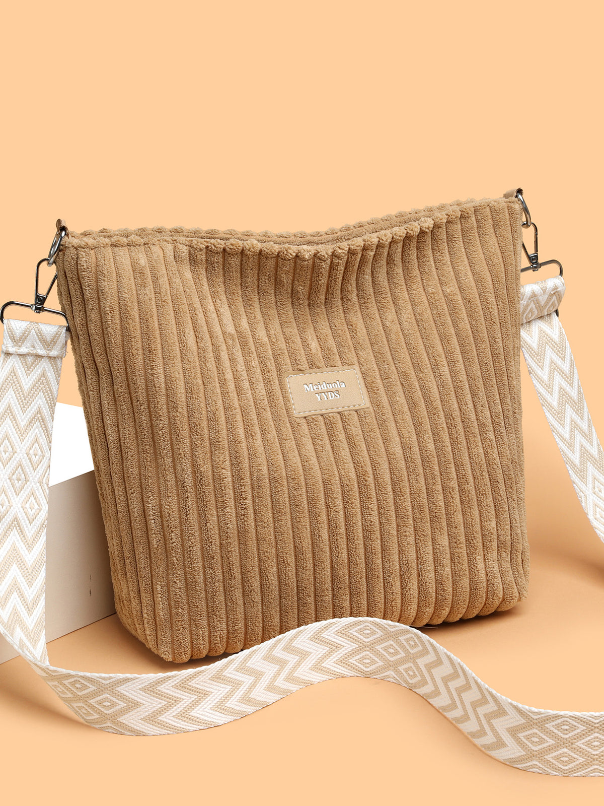 Corduroy Solid Color Crossbody Bag with Removable Strap Khaki One Size OutfitFlow