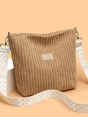 Corduroy Solid Color Crossbody Bag with Removable Strap Khaki One Size OutfitFlow